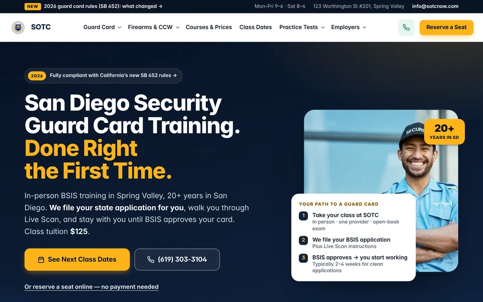 Home page of SOTC Security Training, a San Diego guard card school
