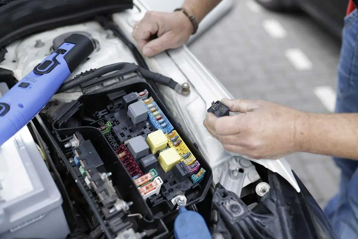 A technician testing a fuse box with a diagnostic probe