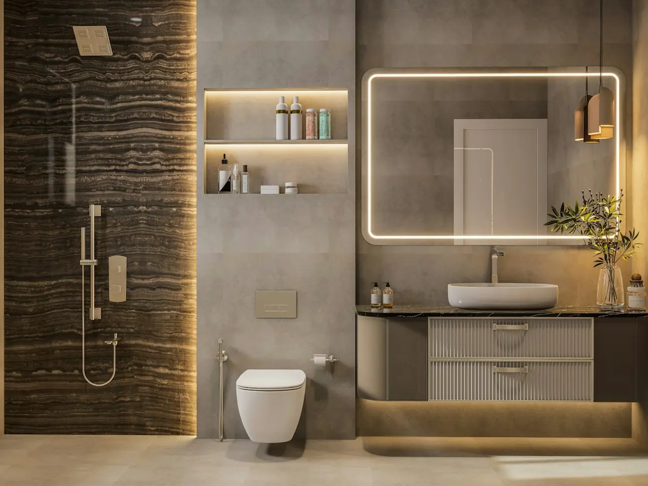 A bathroom with backlit stone, a floating vanity and a rain shower